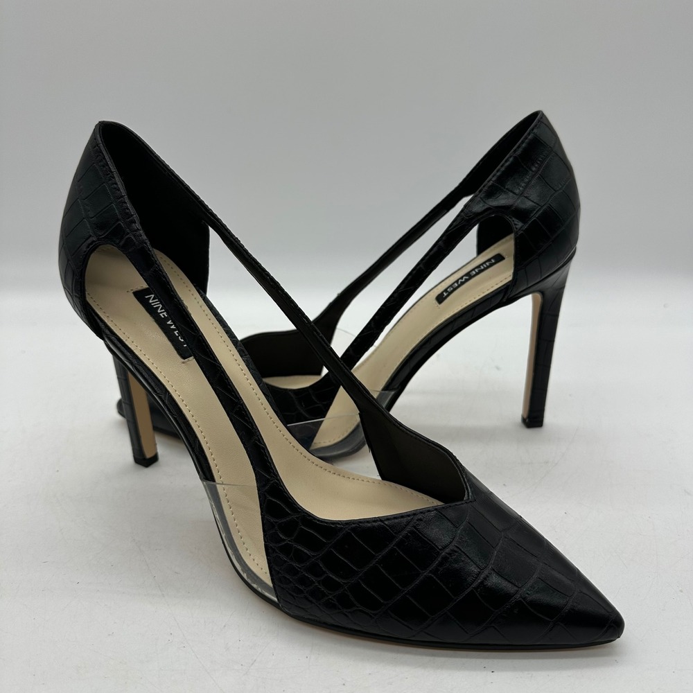 Nine West Womens 10.5 Trivs3 Black Croc Pointed Toe Clear Panel Stiletto Pumps
